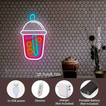 Chic Boba Tea Led Neon Sign - Usb Powered, Dimmable Milk Tea Wall Decor (32cm*20.7cm)